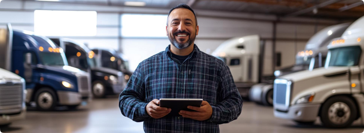 Picha ya mtu mwenye tabasamu akishikilia kompyuta kibao mbele ya kundi la malori