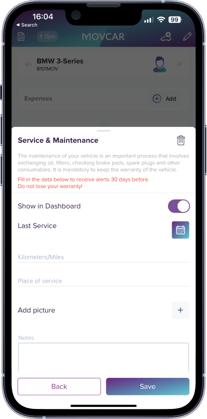 Picha ya skrini ya kipengele cha huduma na matengenezo kwenye programu ya simu ya Movcar