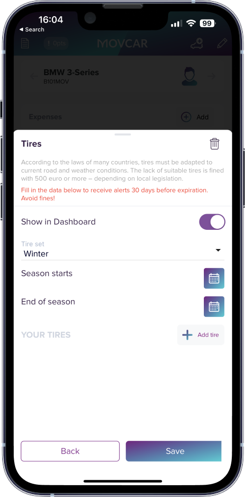 Picha ya skrini ya kipengele cha usajili na ufuatiliaji wa matairi kwenye programu ya simu ya Movcar