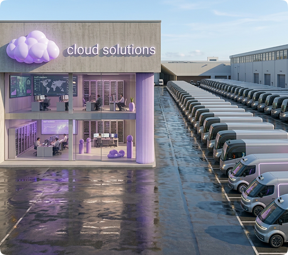 A picture of a vehicle fleet and a building with a sign that says "Cloud Solutions"